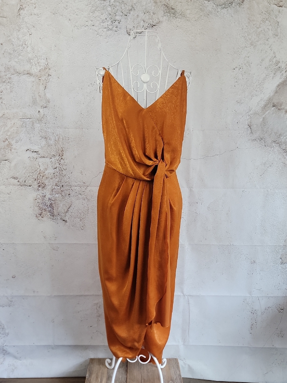 Baltic Born Camilla Ginger Orange Draped Satin Women’s Dress w/ Side Knot Size S